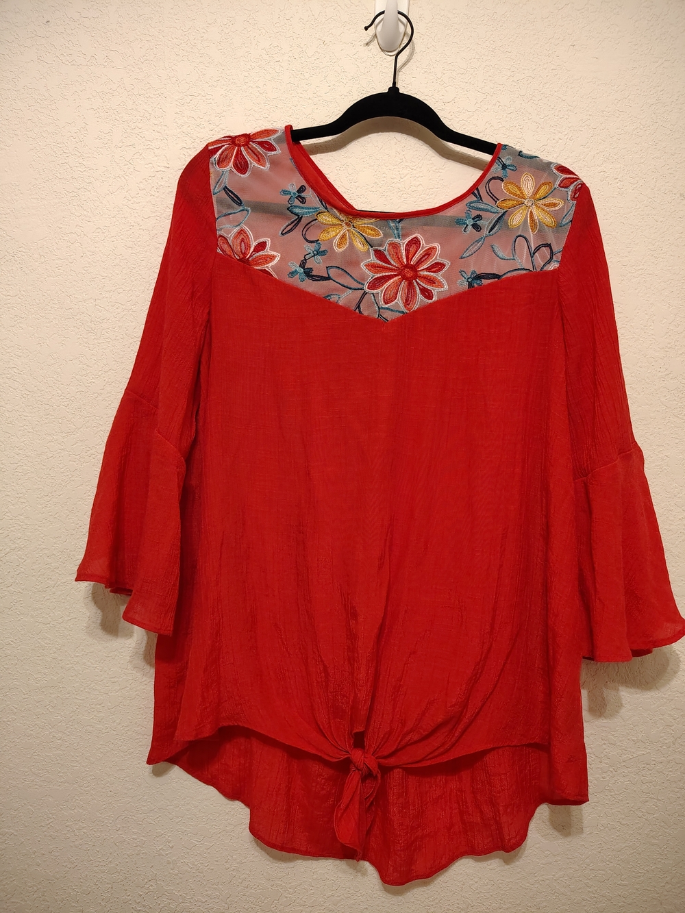 I.N. Studio Coral Floral-Embroidered Multicolored Tie-Front Blouse Women's 1X